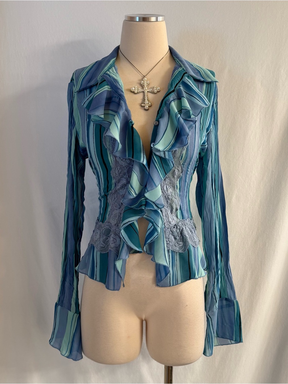 Vintage Y2K Blue Striped Ruffle Blouse